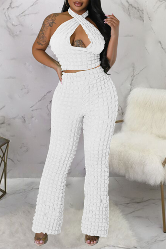 White Sexy Solid Hollowed Out Patchwork Backless Halter Sleeveless Two Pieces