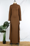 Brown Casual Solid Patchwork Half A Turtleneck Irregular Dress Dresses