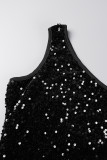 Vestido irregular elegante con cuello oblicuo y cremallera de retazos de lentejuelas con borlas negras Vestidos