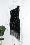 Robes de robe irrégulières noires élégantes solides gland paillettes patchwork fermeture éclair col oblique