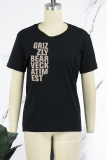 Zwarte T-shirts met dagelijkse basisprint en patchwork met letter O-hals