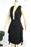 ブラック セクシー ソリッド パッチワーク フォールド V ネック ラップ スカート ドレス