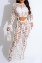 White Sexy Solid Hollowed Out See-through O Neck Beach Dress Dresses