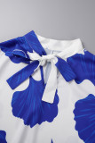Robe imprimée à col en ruban imprimé floral de vacances décontractées grande taille bleue