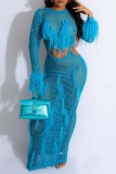 Blauwe Sexy Effen Uitgeholde Doorzichtige O Neck Beach Dress Jurken