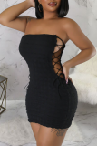 Black Sexy Solid Patchwork Backless Cross Straps Strapless One Step Skirt Dresses