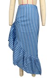 Синяя повседневная юбка в полоску с принтом в стиле пэчворк, асимметричная обычная, с высокой талией