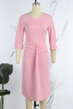 Robes de jupe crayon rose décontracté solide patchwork pli O cou