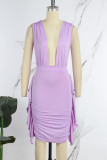 Purple Sexy Solid Patchwork Fold V Neck Wrapped Skirt Dresses