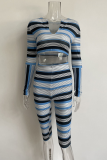 Blue Casual Striped Patchwork V Neck Long Sleeve Two Pieces