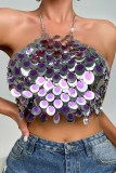 Фиолетовые сексуальные лоскутные топы с блестками и цепочками на спине