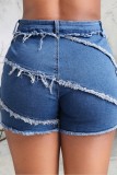 Short en jean skinny décontracté à taille moyenne et patchwork bleu