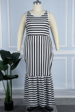 Черно-белое повседневное полосатое платье в стиле пэчворк с круглым вырезом большого размера без рукавов