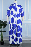 Vestido azul plus size casual para férias estampado floral gola estampada