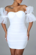 White Sexy Solid Patchwork Backless Mesh Strapless Wrapped Skirt Dresses