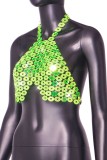 Top senza schienale con catene patchwork scavate solide sexy verde fluorescente