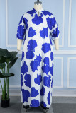 Blauwe plus size casual vakantie bloemen print lint kraag bedrukte jurk