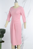 Robes de jupe crayon rose décontracté solide patchwork pli O cou