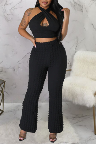 Black Sexy Solid Hollowed Out Patchwork Backless Halter Sleeveless Two Pieces