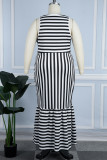 Black White Casual Striped Print Patchwork O Neck Plus Size Sleeveless Dress