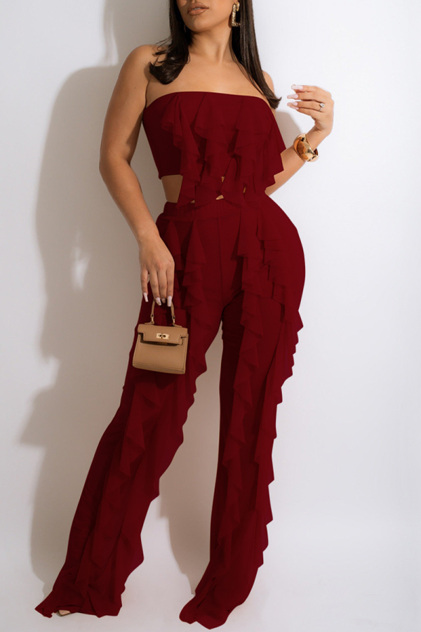 Burgundy Casual Solid Tassel Patchwork Mesh Off the Shoulder Sleeveless Two Pieces