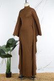 Brown Casual Solid Patchwork Half A Turtleneck Irregular Dress Dresses