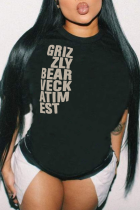 Schwarze Daily Basis-Print-Patchwork-Buchstaben-O-Ausschnitt-T-Shirts