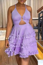 Vestido de cabestrillo con cuello en V sin espalda con vendaje sólido casual sexy púrpura