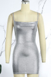 Silver Sexy Solid Backless Spaghetti Strap Sleeveless Dress Dresses