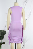 Lila Sexig Solid Patchwork Vik V-hals omslagna kjolklänningar