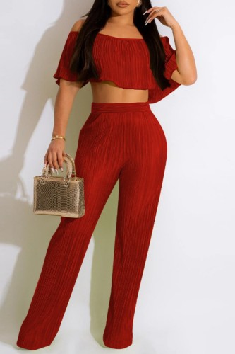 Red Casual Solid Patchwork Off the Shoulder Short Sleeve Two Pieces