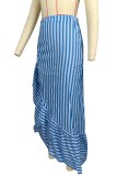 Blue Casual Striped Print Patchwork Asymmetrical Regular High Waist Conventional Full Print Skirt