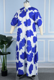 Robe imprimée à col en ruban imprimé floral de vacances décontractées grande taille bleue