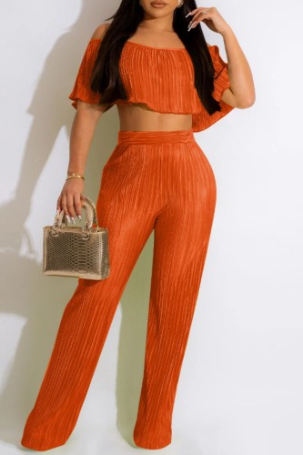 Orange Casual Solid Patchwork Off the Shoulder Short Sleeve Two Pieces