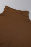 Brown Casual Solid Patchwork Half A Turtleneck Irregular Dress Dresses