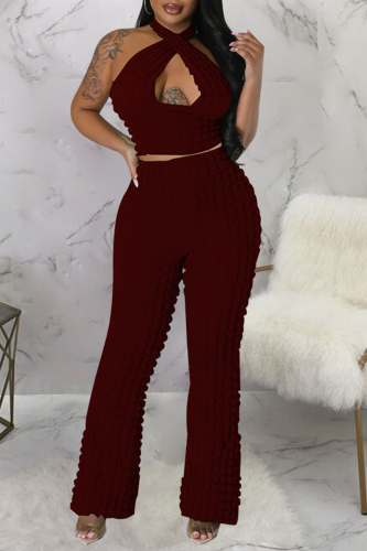 Burgundy Sexy Solid Hollowed Out Patchwork Backless Halter Sleeveless Two Pieces