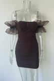 Brown Sexy Solid Patchwork Backless Mesh Strapless Wrapped Skirt Dresses