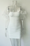 ホワイト セクシー ソリッド パッチワーク バックレス メッシュ ストラップレス ラップ スカート ドレス