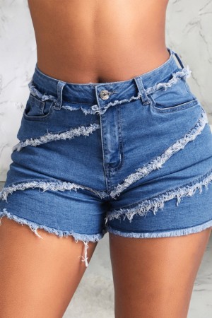 Blue Casual Solid Patchwork Mid Waist Raw Hem Skinny Denim Shorts