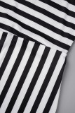 Schwarz-weißes, lässiges, ärmelloses Kleid mit Streifendruck und Patchwork-O-Ausschnitt in Übergröße