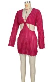 Розово-красные сексуальные повседневные однотонные платья с длинными рукавами и V-образным вырезом (без пояса)