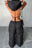 Schwarze, sexy, lässige, feste Frenulum-Oberbekleidung mit rückenfreiem Kapuzenkragen