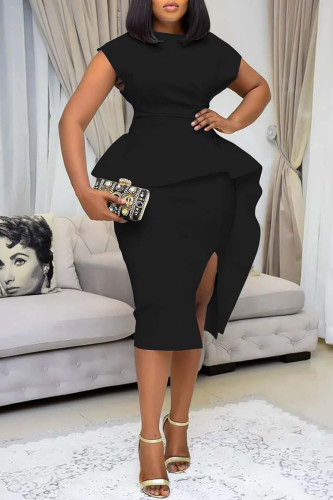 Black Casual Solid Backless Flounce Slit O Neck One Step Skirt Dresses