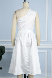 ホワイト カジュアル ソリッド バックレス オブリークカラー ノースリーブ ドレス ドレス