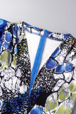 Vestidos de manga curta com estampa casual azul patchwork decote em V