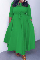 Groene elegante effen patchwork O-hals taille rok Grote maten jurken (met riem)