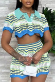 Light Blue Casual Striped Print Hollowed Out Buttons Turndown Collar Short Sleeve Two Pieces Crop Tops And Skirts Sets