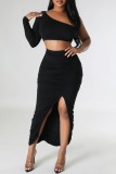 Black Casual Solid Slit Fold Oblique Collar Long Sleeve Two Pieces