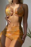 Orange Sexy Print Frenulum rückenfreier Badeanzug, dreiteiliges Set (mit Polsterungen)