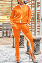 Orange Casual Solid Patchwork Slit Zipper Collar Long Sleeve Two Pieces